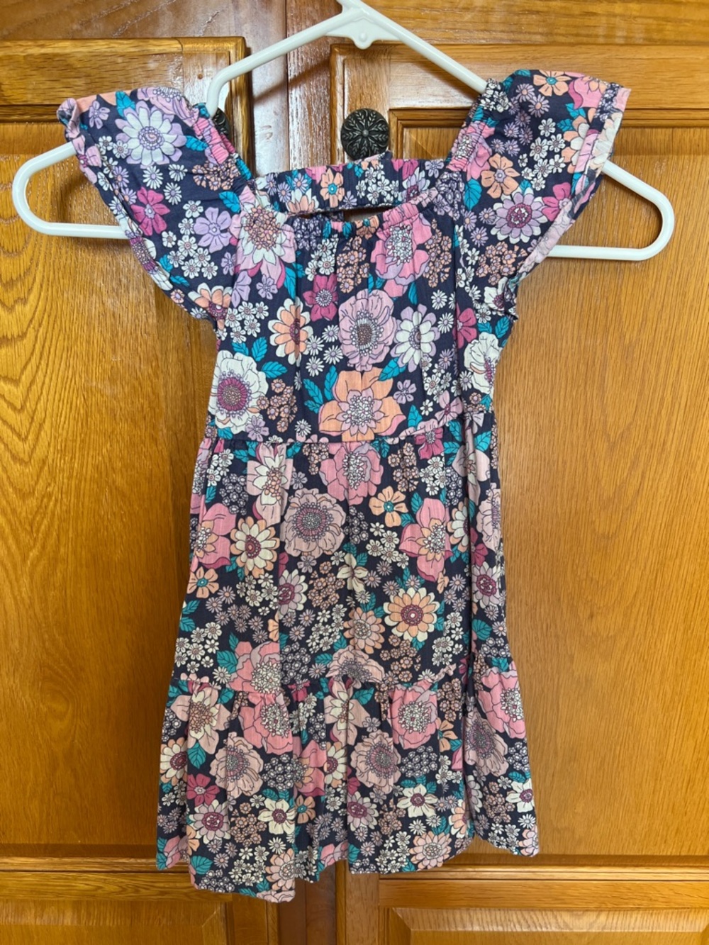 jumping beans Navy Floral Flutter-Sleeve Dress with Pink & Teal Accents